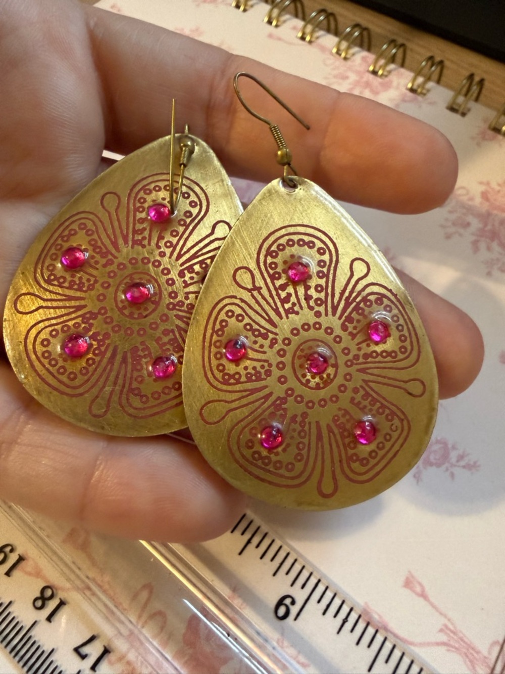 Gold Teardrop Floral Earrings with Pink Stones - Women Jewelry